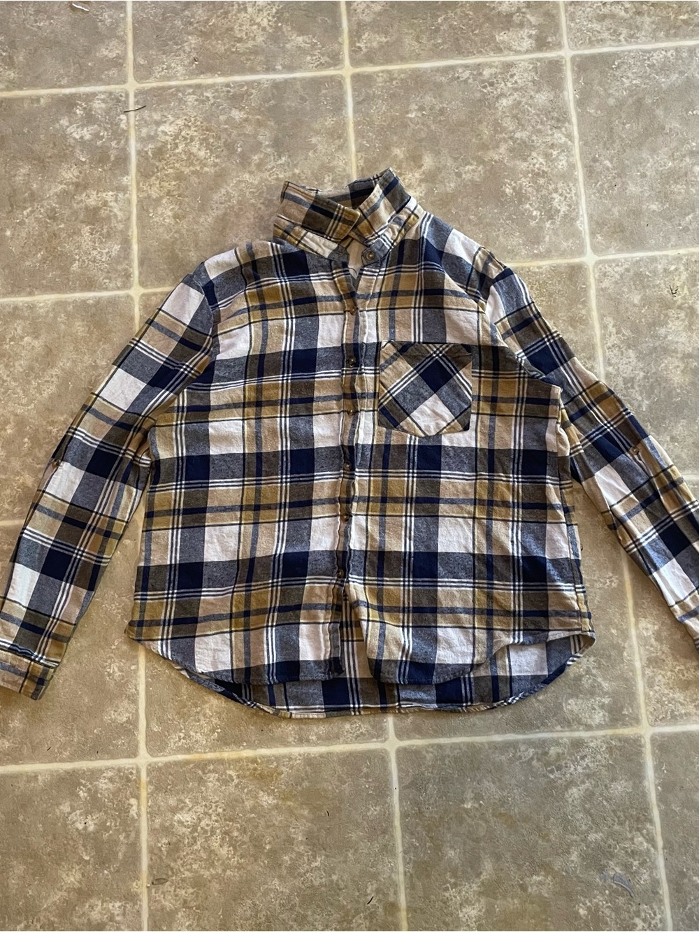 Polly & Esther Blue and Tan Plaid Button-Down Shirt